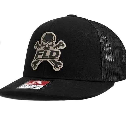 Black cap with skull and crossbones design and 'FLD' logo on a white background