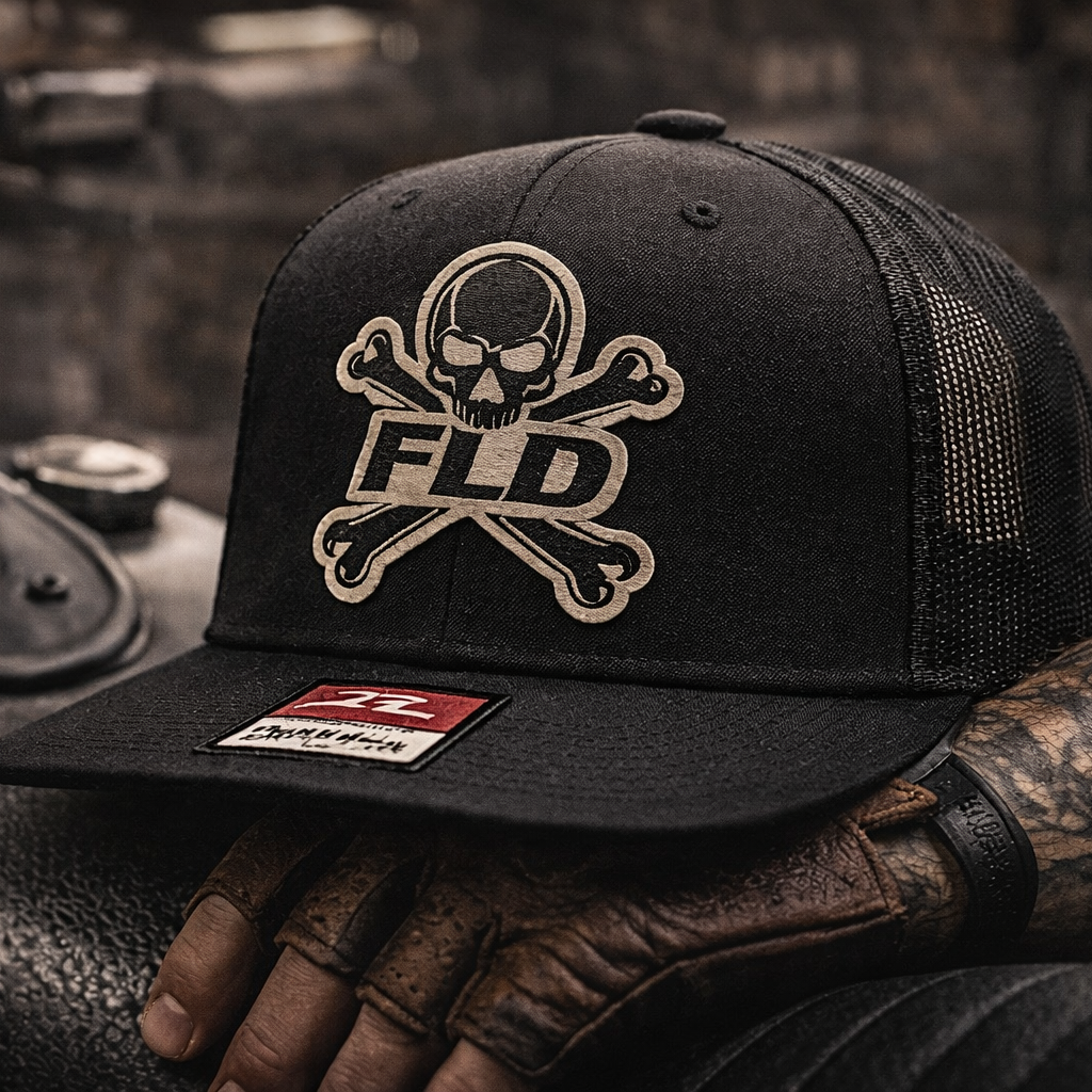 Black cap with skull and crossbones logo on a motorcycle