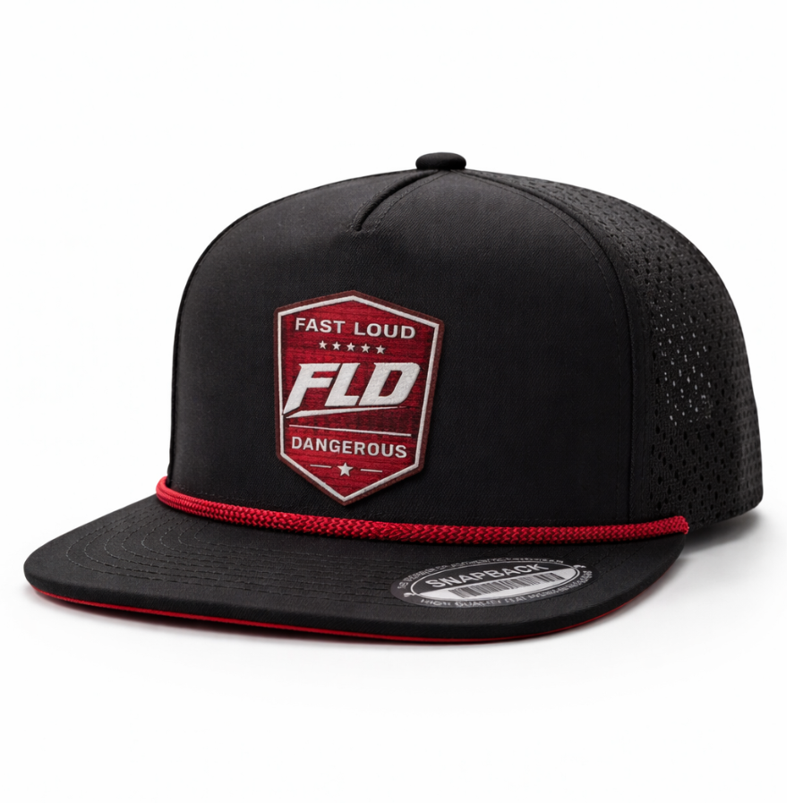 Black cap with red and white logo on a white background