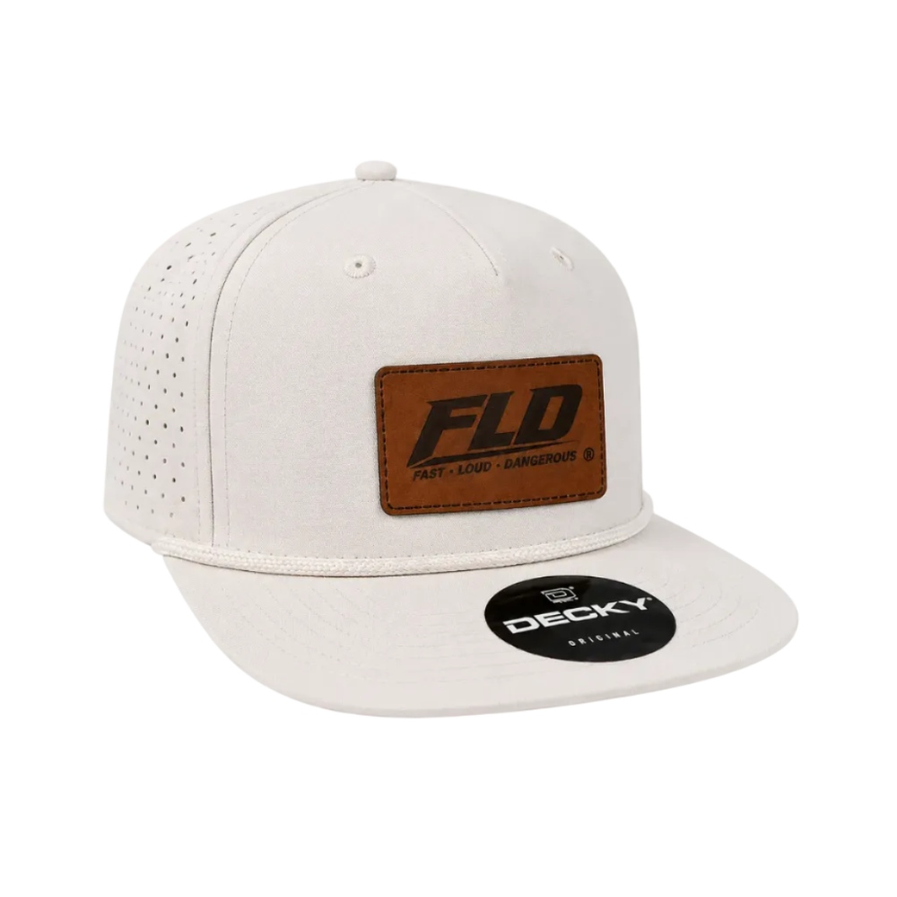 White cap with brown leather patch and Decky logo on a white background
