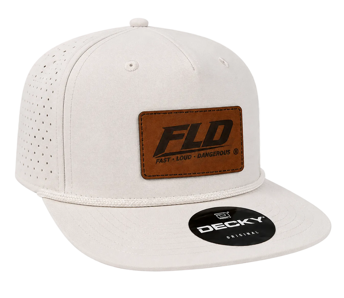 White cap with brown leather patch and Decky logo on a white background