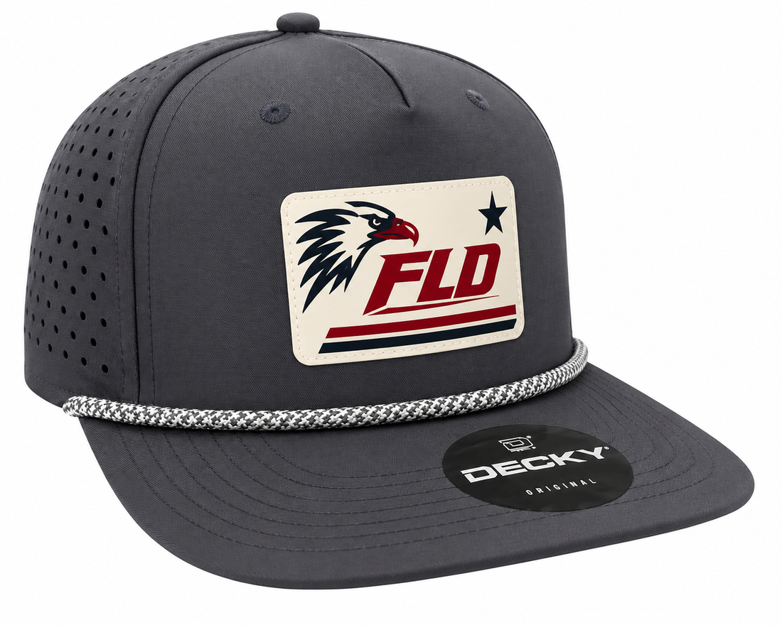 FLD Stealth Skull black perforated rope snapback hat with engraved skull and crossed wrench patc