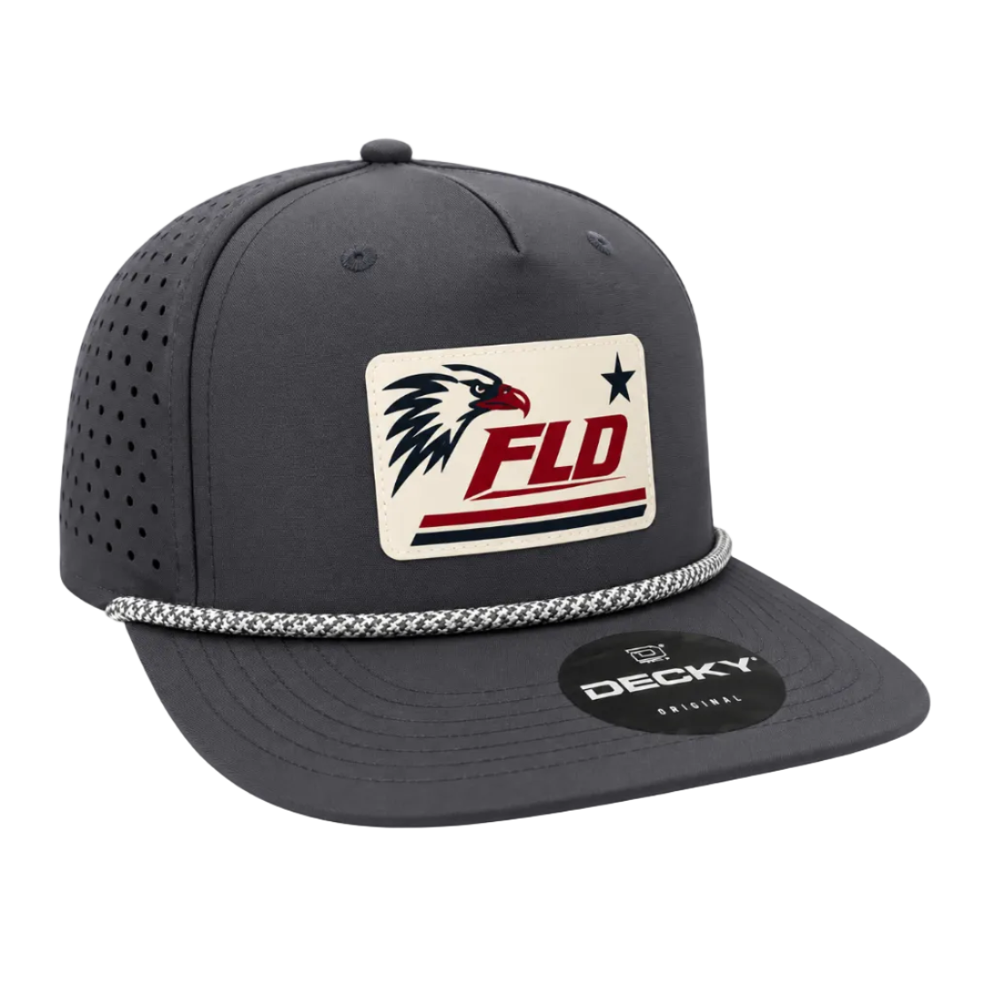 FLD water resistant gray perforated rope snapback hat with engraved patriotic red white blue eagle