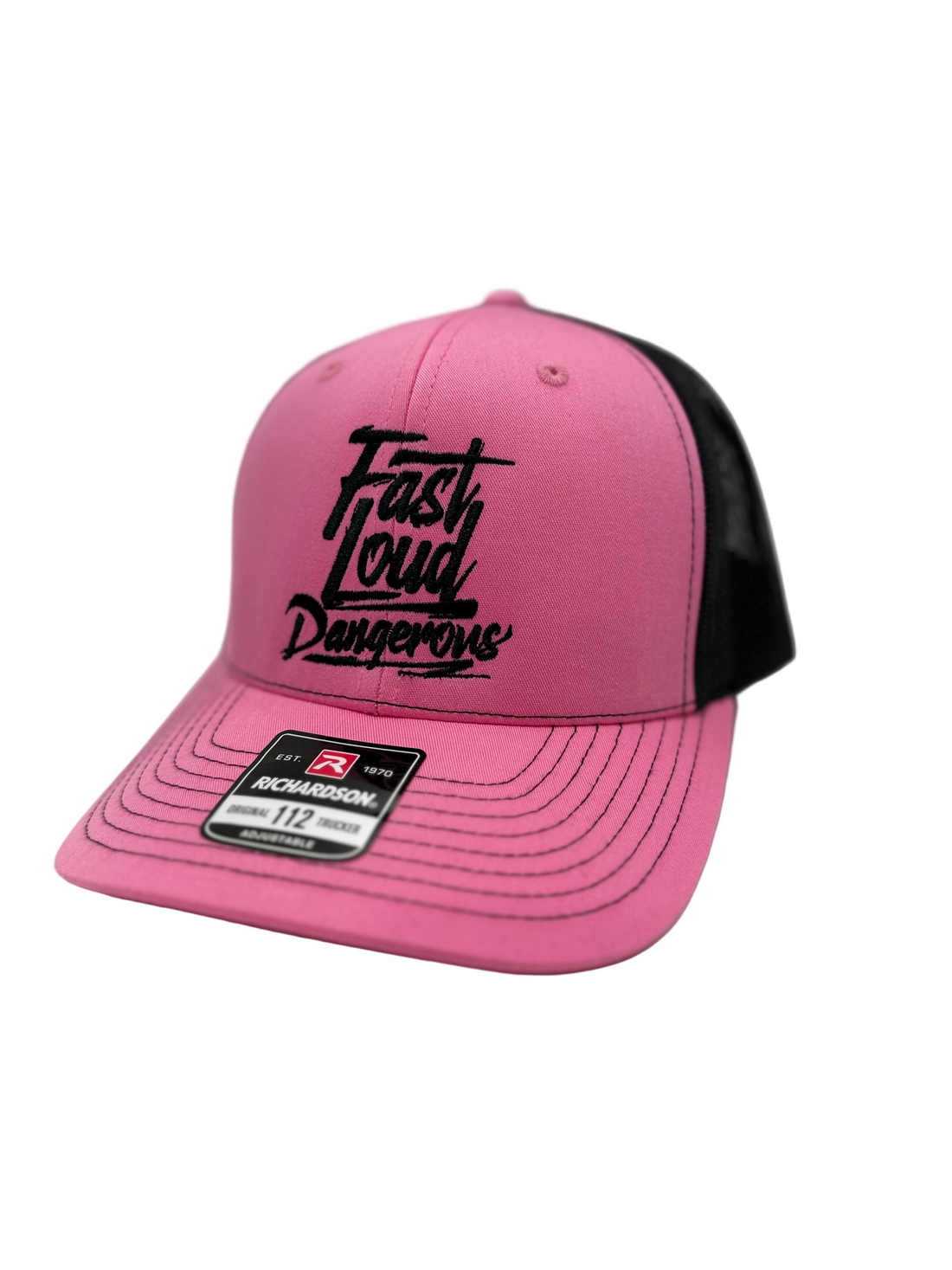 Pink cap with black text and Richardson logo on a white background