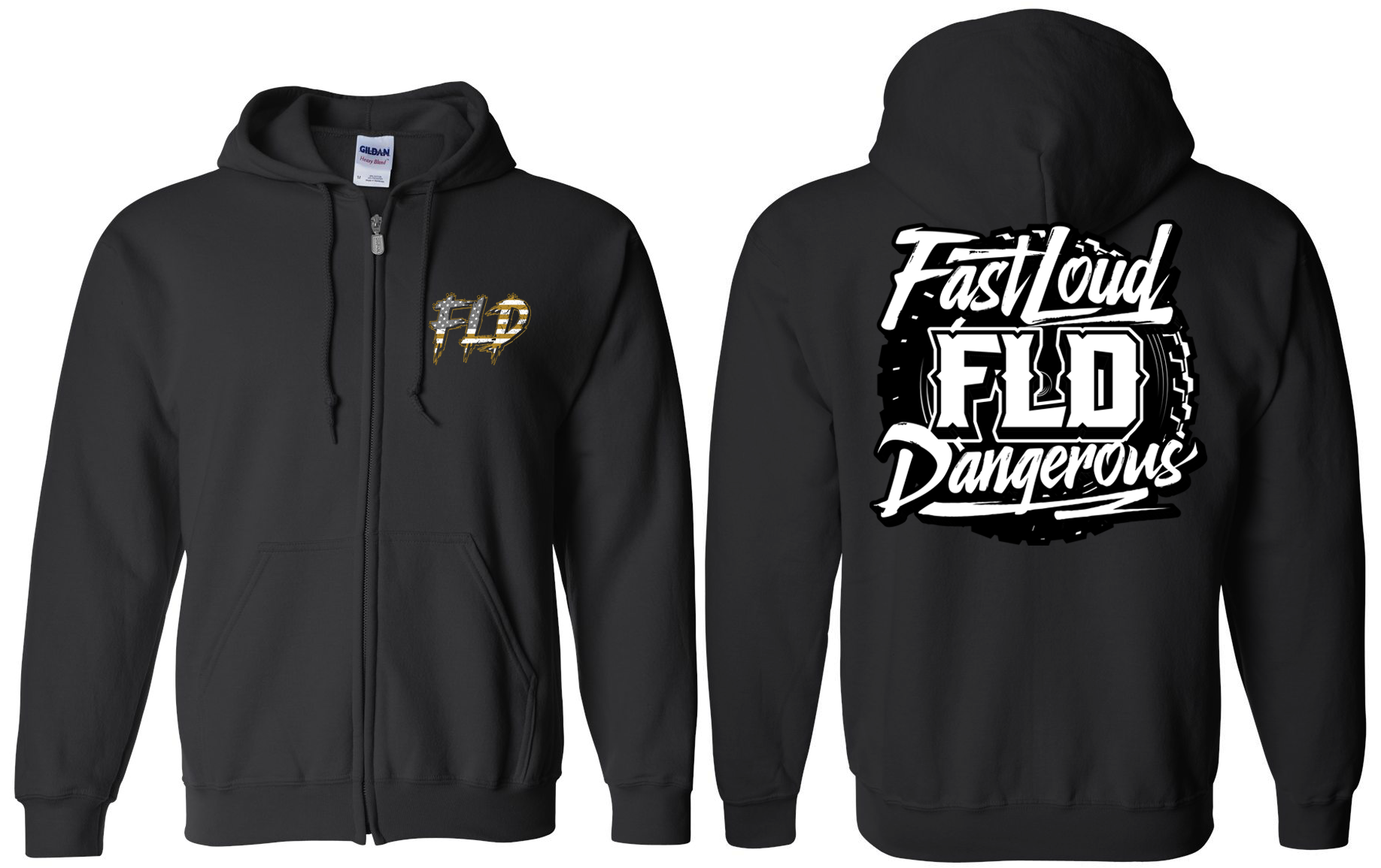 ZIP FLD FLAG - FLD MONOGRAM - GILDAN 18600 - BLACK ZIP HOODIE