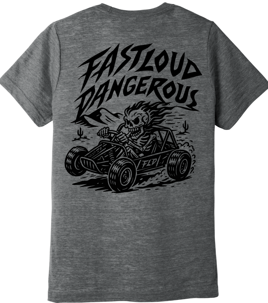 Gray t-shirt with a graphic of a skull driving a car and 'Fast Loud Dangerous' text on the back.