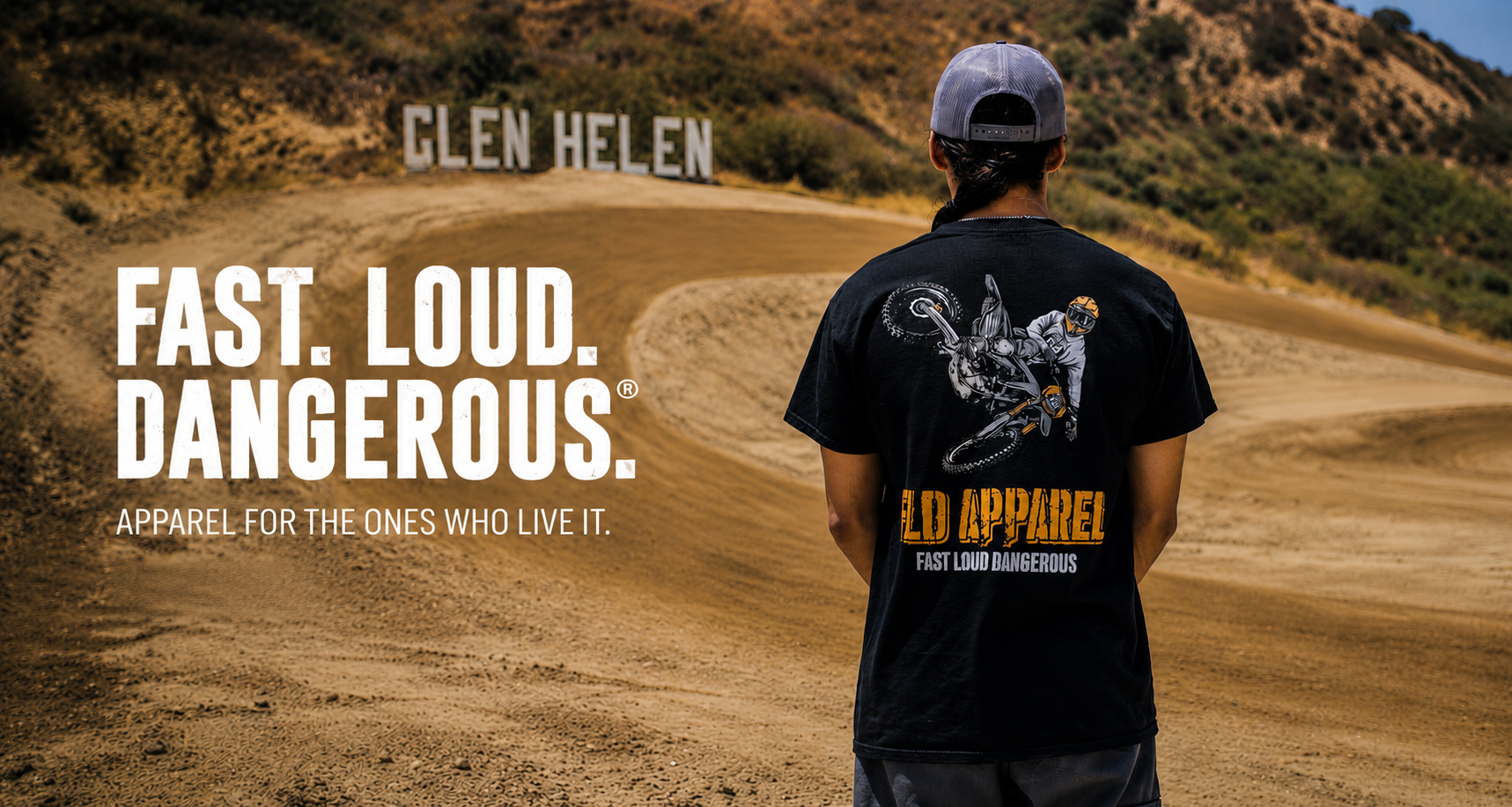 Fast Loud Dangerous® motocross lifestyle shirt photographed at Glen Helen Raceway with rider overlooking the dirt track.slider_item_gAxGxx