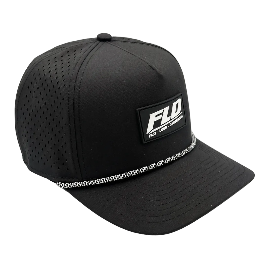 Black performance rope trucker hat with laser-cut perforated side panels and a black-and-white braided rope across the brim. The front features a rectangular black-and-white FLD patch with the text "FAST • LOUD • DANGEROUS." Displayed at a 45-degree angle on a clean white background, highlighting the structured crown and curved bill.