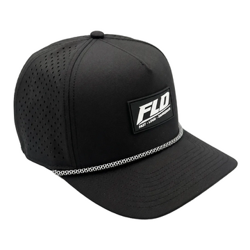 Black performance rope trucker hat with laser-cut perforated side panels and a black-and-white braided rope across the brim. The front features a rectangular black-and-white FLD patch with the text "FAST • LOUD • DANGEROUS." Displayed at a 45-degree angle on a clean white background, highlighting the structured crown and curved bill.