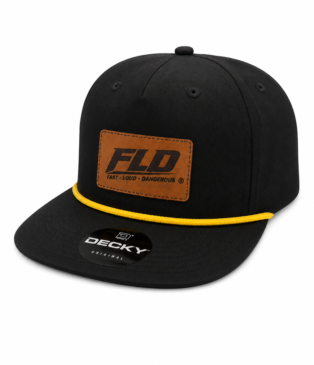 FLD Classic black rope snapback hat with engraved rawhide patch