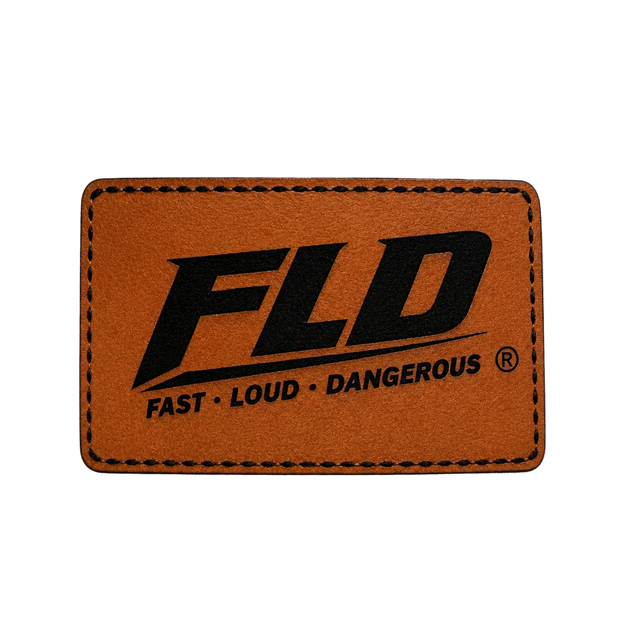 Close-up of engraved rawhide FLD patch on black rope snapback hat