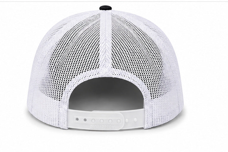 Rear view of FLD Factory Richardson 511 flat bill snapback showing white mesh and adjustable snapback closure