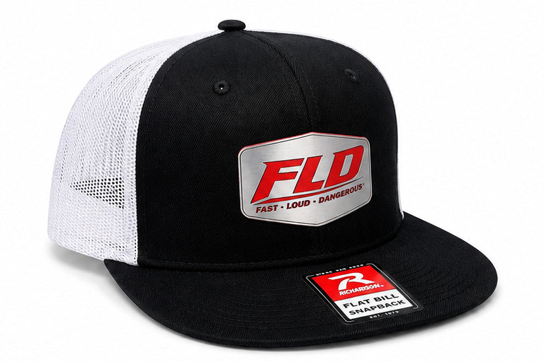 FLD Factory Richardson 511 flat bill snapback hat with stainless steel and red shield patch on black and white trucker cap