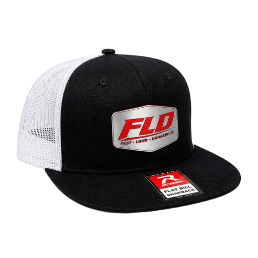 FLD Factory Richardson 511 flat bill snapback hat with stainless steel and red shield patch on black and white trucker cap