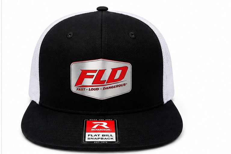 FLD Factory Richardson 511 flat bill snapback hat with stainless steel and red shield patch on black and white trucker cap