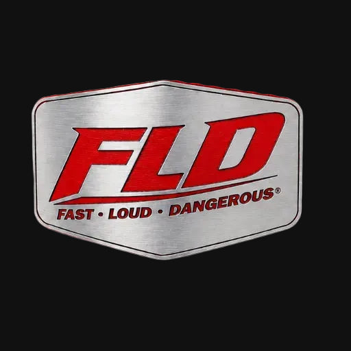 Close-up of FLD stainless steel and red shield patch on Richardson 511 flat bill snapback