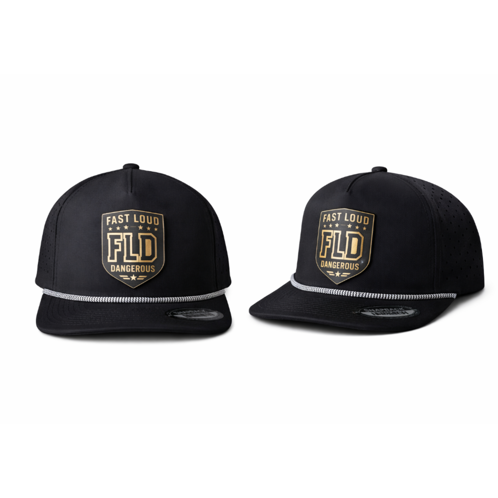 Black FLD Factory Rope snapback with acrylic shield atch on white background
