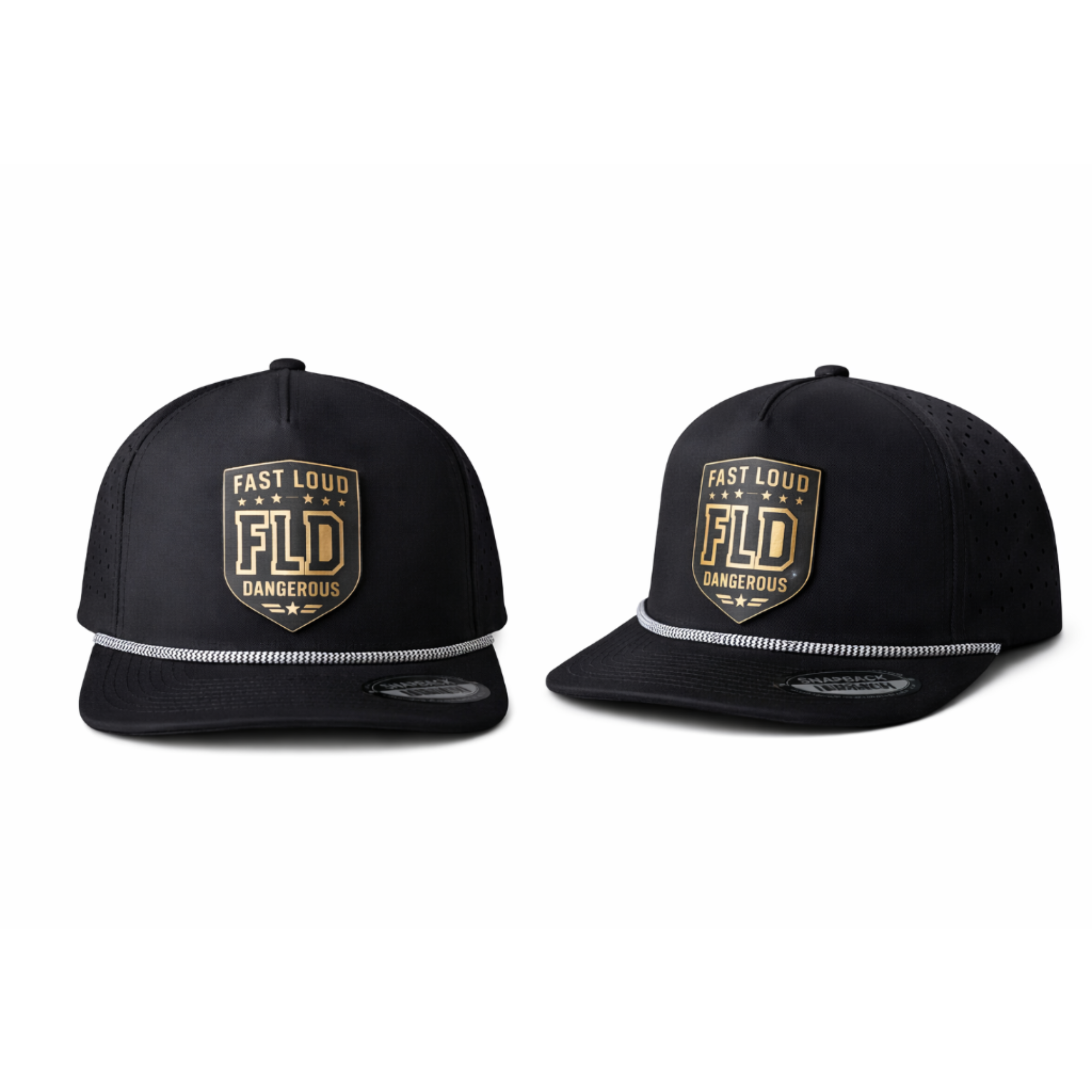 Black FLD Factory Rope snapback with acrylic shield atch on white background