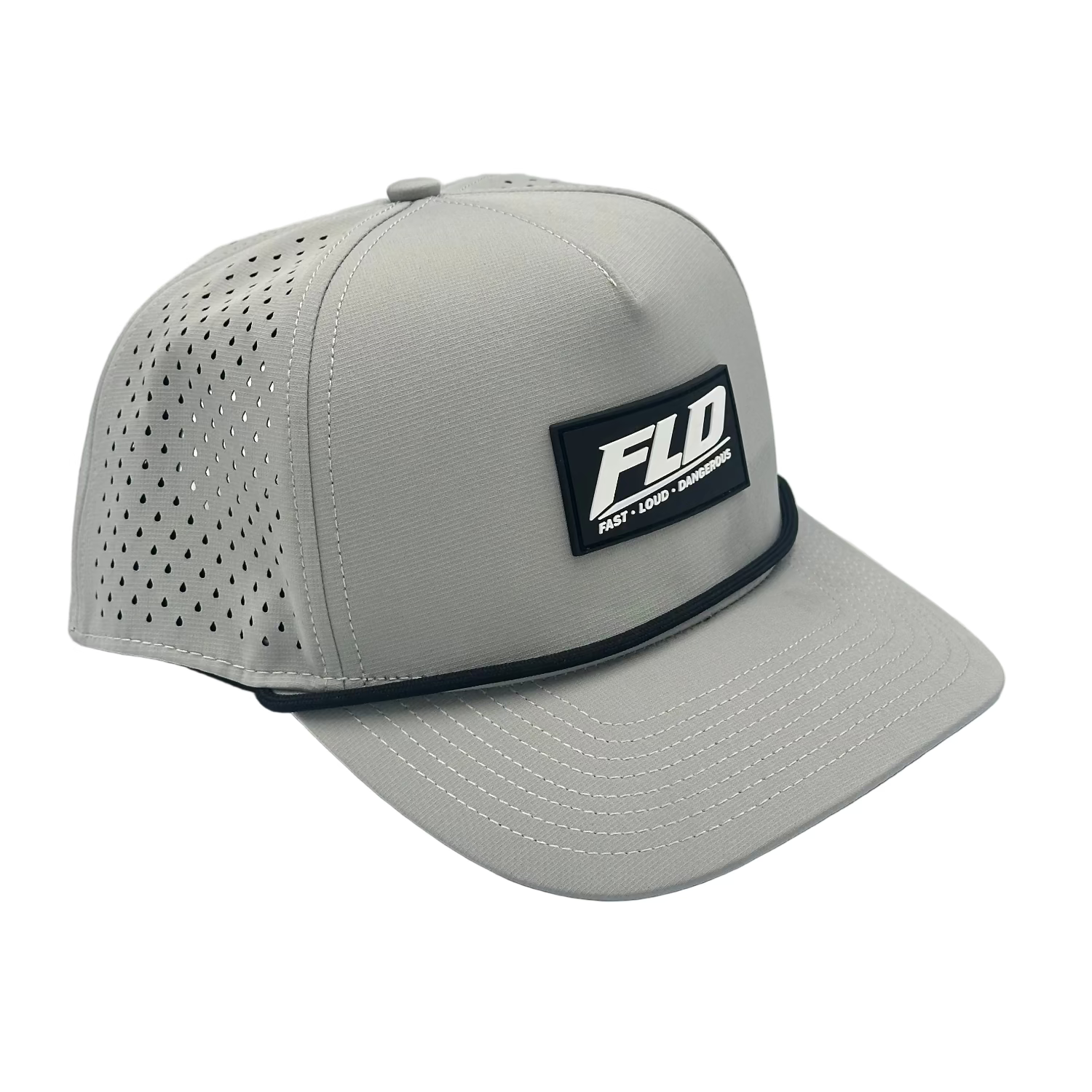 FLD Factory Rope Hat – Performance in Gray, 45-degree front angle with perforated performance fabric and rubber FLD patch