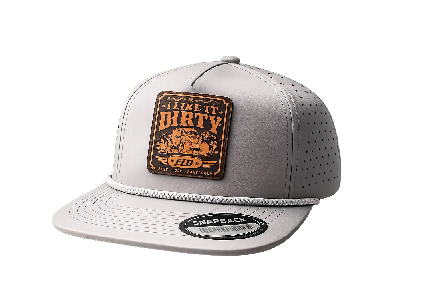 FLD I Like It Dirty light gray perforated rope snapback hat with engraved rawhide patch