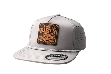 FLD I Like It Dirty light gray perforated rope snapback hat with engraved rawhide patch