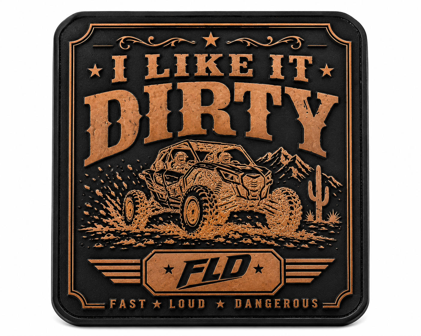Close-up of FLD I Like It Dirty engraved rawhide patch