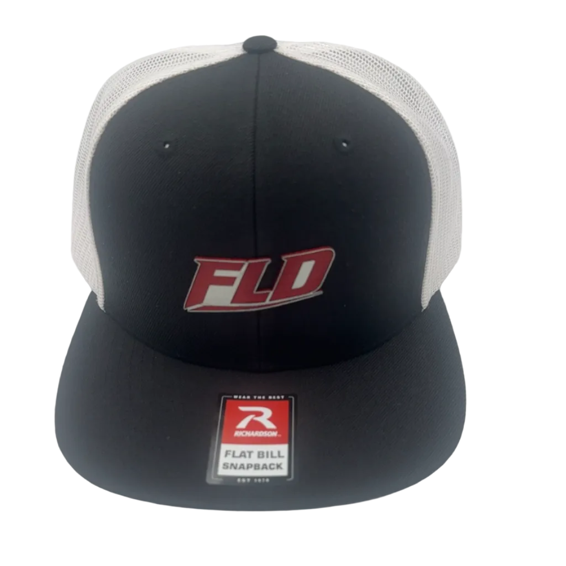 A black and white trucker hat with a red and white 'FLD' logo on the front, featuring a snapback closure and a red and white sticker on the brim.