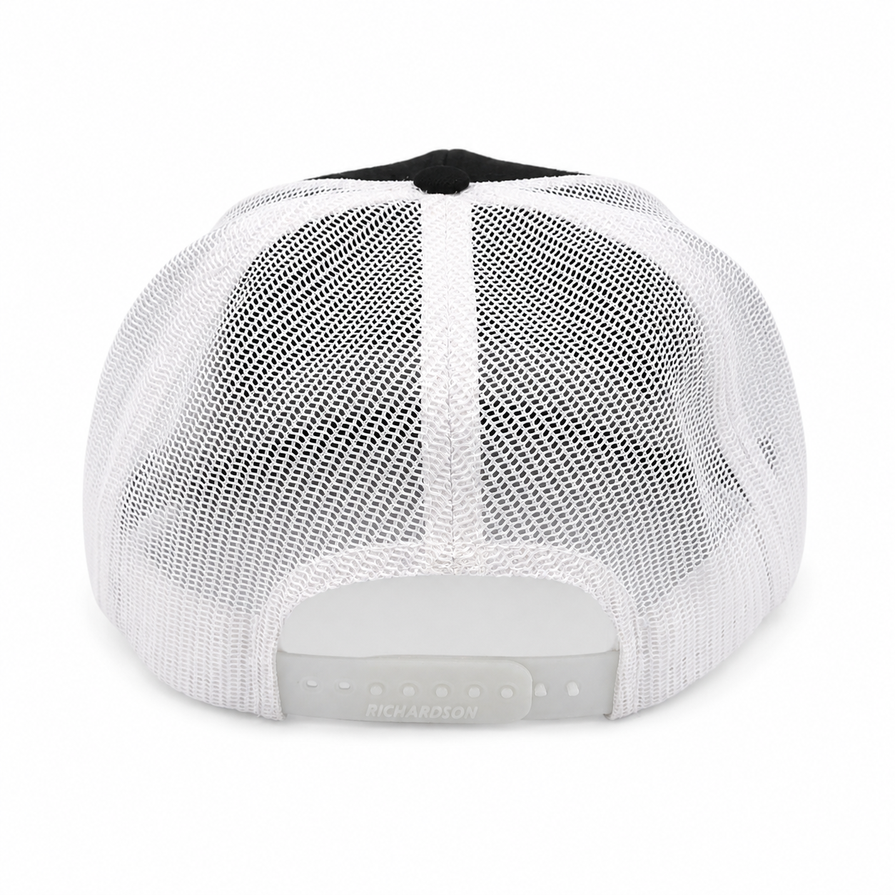 White mesh trucker cap viewed from the back, featuring a black top button and a light gray plastic snap closure.