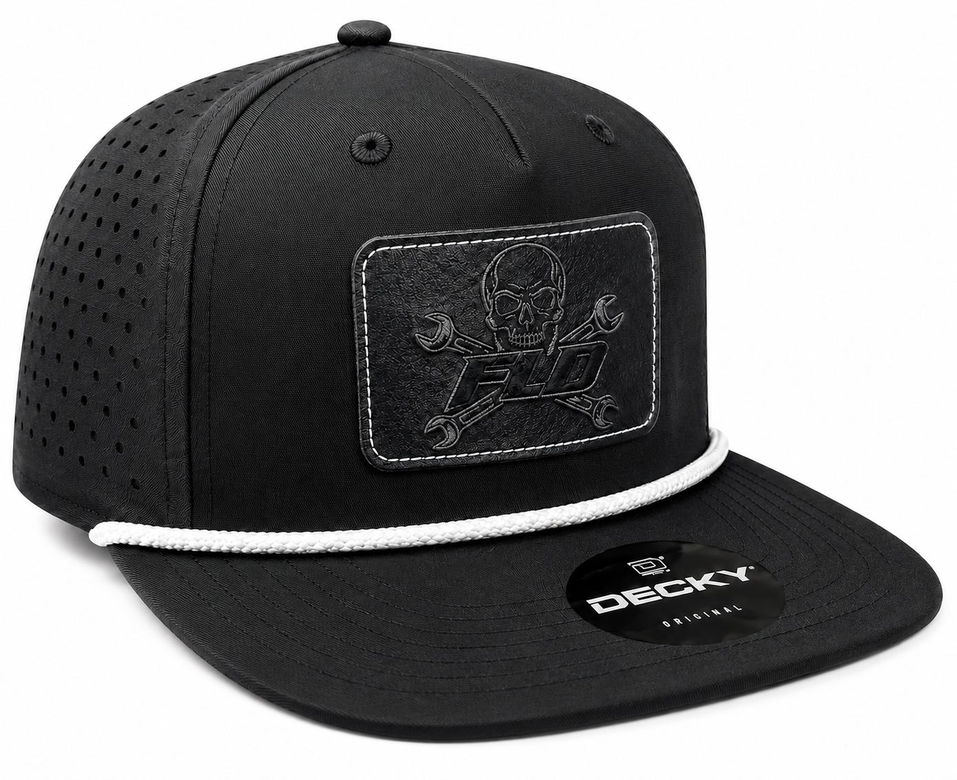 FLD Stealth Skull black perforated rope snapback hat with engraved skull and crossed wrench patch