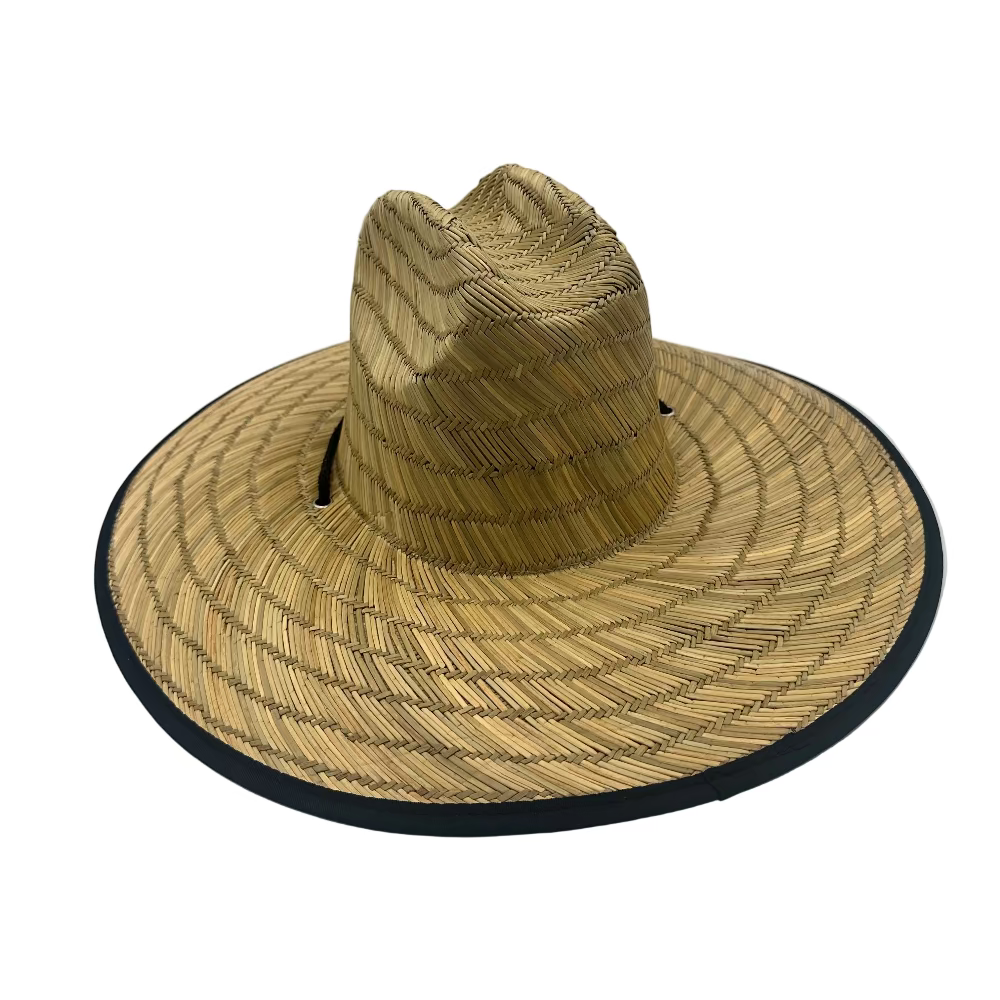Rear view of the FLD straw sun hat with adjustable chin cord and woven straw design.