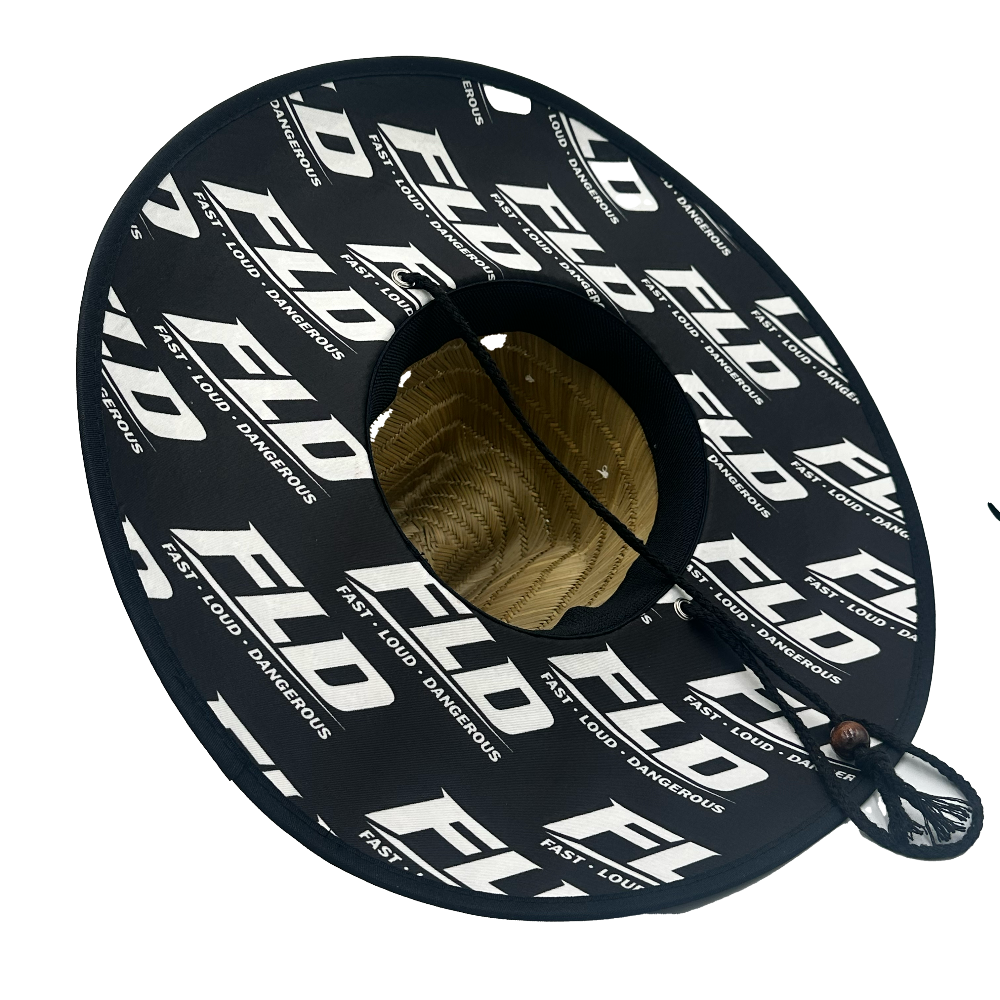 Underside of the FLD straw sun hat showing the brim construction and adjustable chin cord.