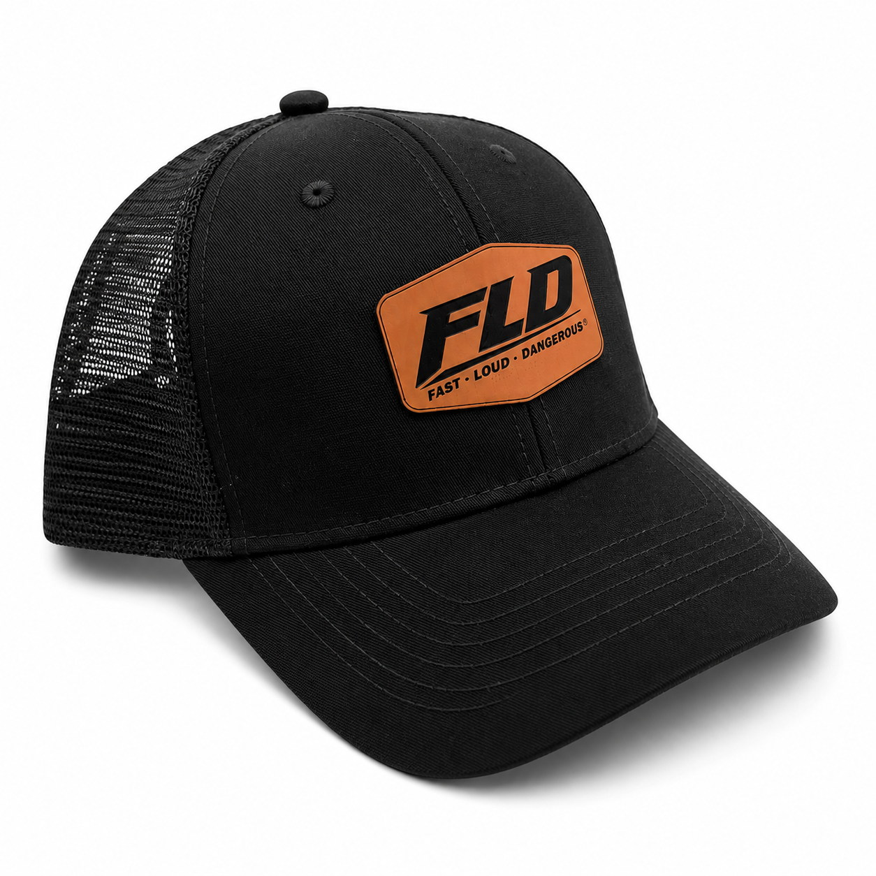 FLD women's black ponytail trucker hat featuring a premium rawhide leather patch and black mesh back.