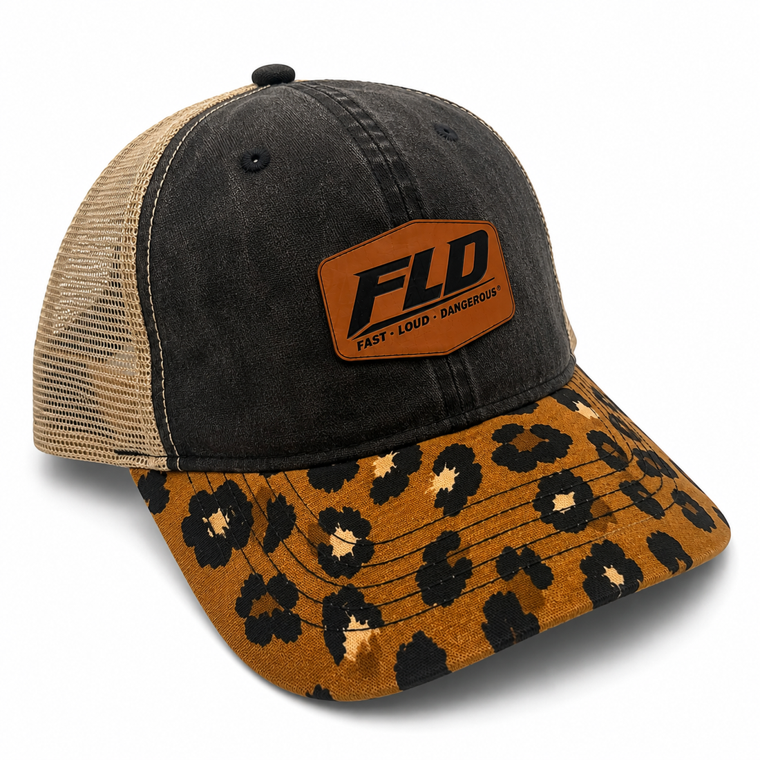 FLD women's leopard print ponytail trucker hat with premium rawhide leather patch and black mesh back.