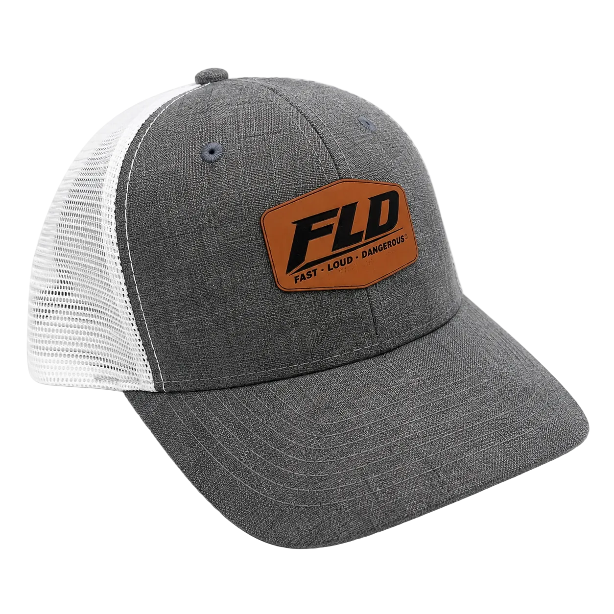 FLD women's heather gray ponytail trucker hat with premium rawhide leather patch and white mesh back.