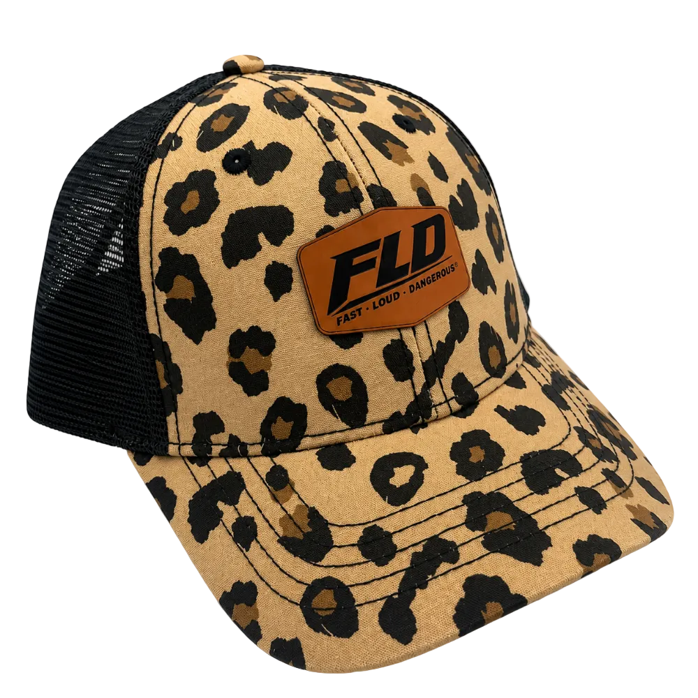 FLD women's leopard print ponytail trucker hat with premium rawhide leather patch and black mesh back.