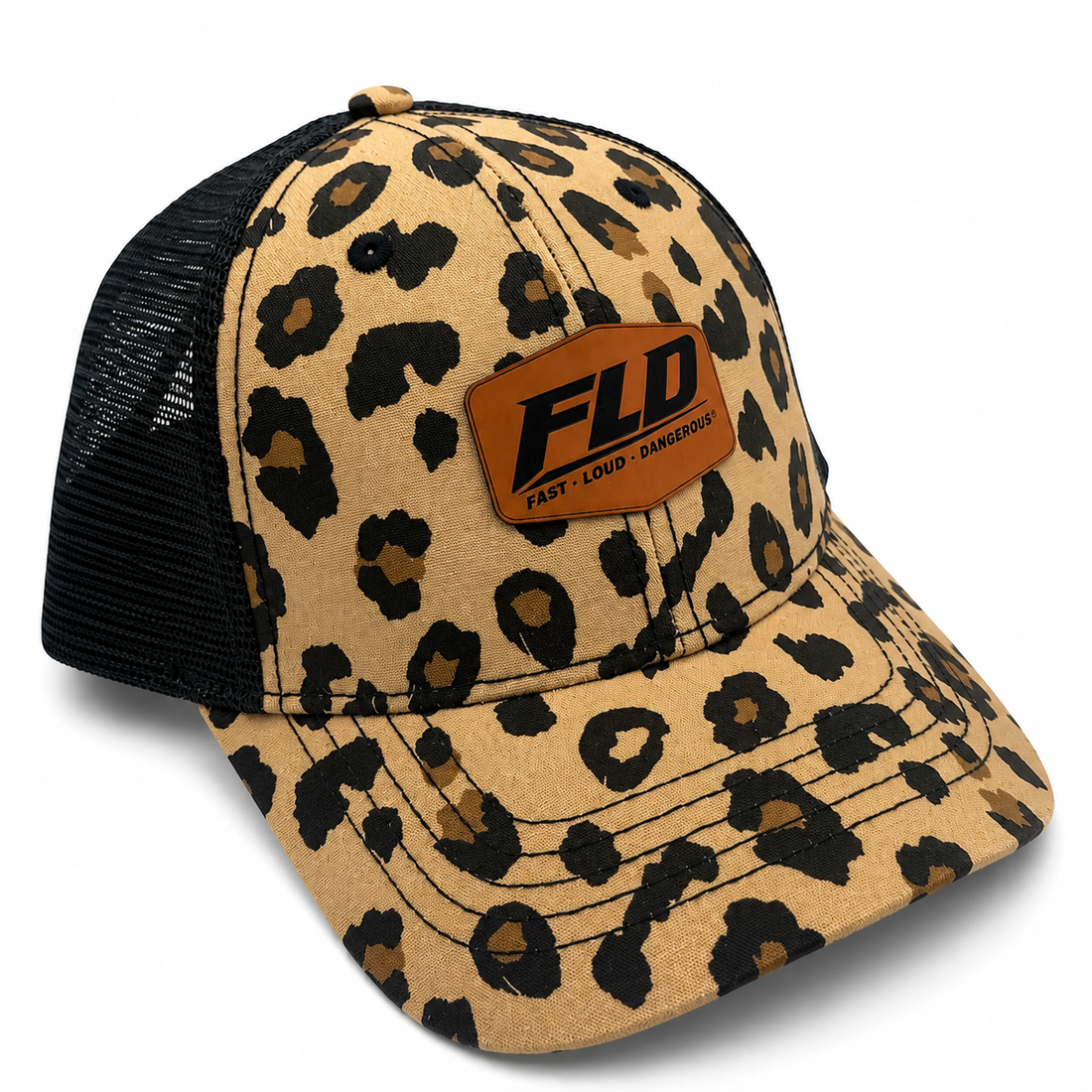 FLD women's leopard print ponytail trucker hat with premium rawhide leather patch and black mesh back.