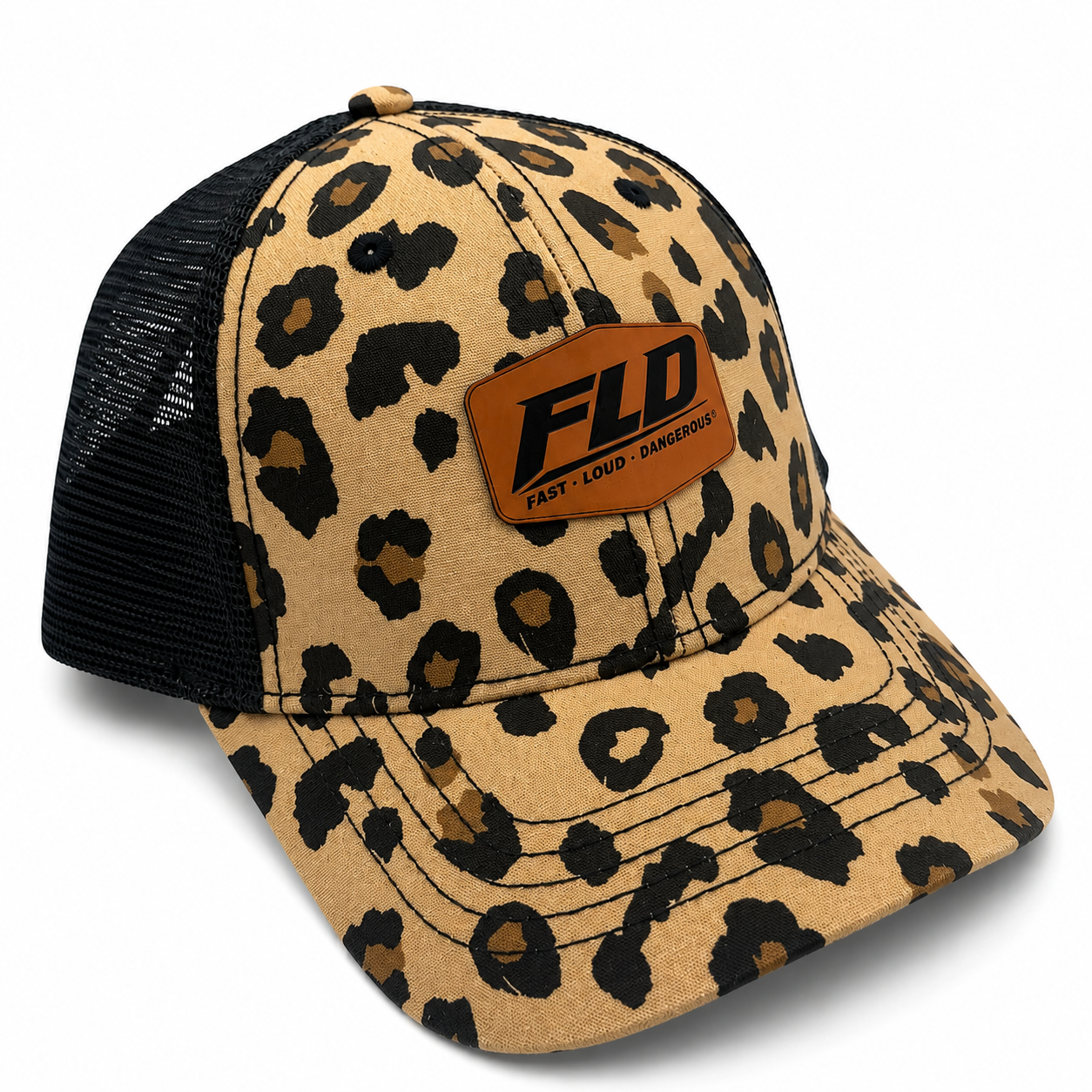 FLD women's leopard print ponytail trucker hat with premium rawhide leather patch and black mesh back.