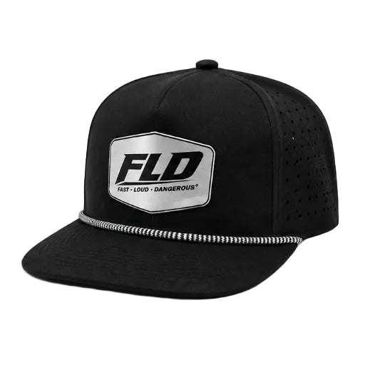 A black snapback cap with a silver and black FLD logo patch on the front, a silver chain detail across the brim, and perforated side panels, shown on a white background.
