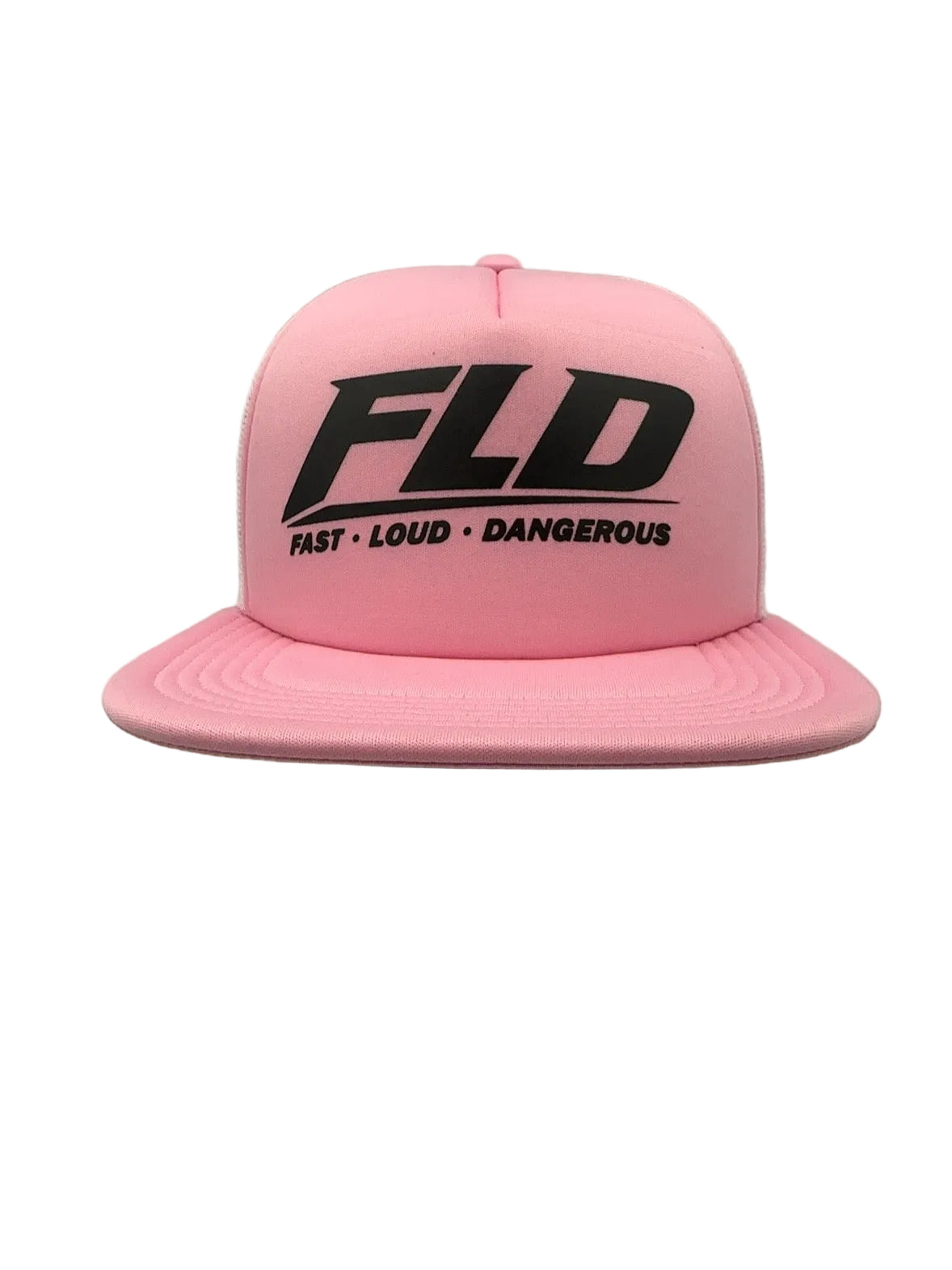 A pink snapback cap with a black 'FLD' logo and the words 'FAST • LOUD • DANGEROUS' printed on the front, displayed against a light gray background.