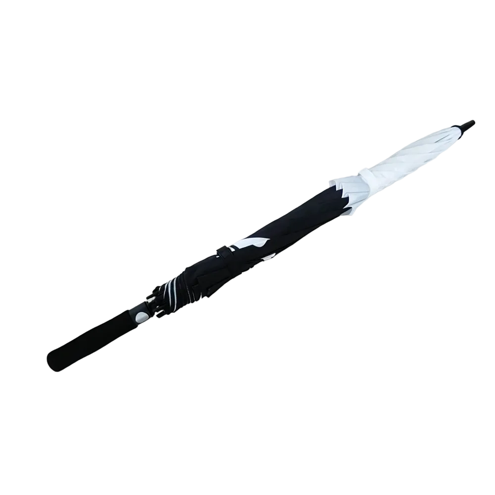 A long, slim umbrella shown diagonally against a plain light gray background. The handle and lower shaft are black, while the upper canopy is white with a few small dark details.